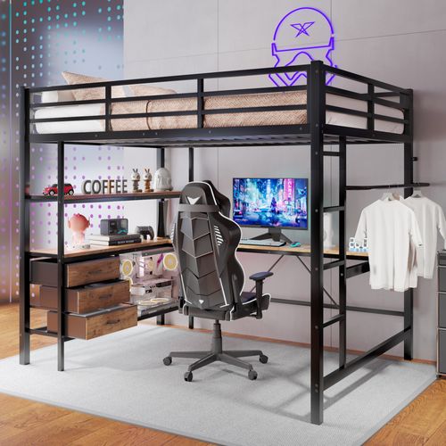Lit Mezzanine Métal 140x200 Cm Avec Bureau étagères LED USB 3 Tiroirs Rampe Escalier Noir