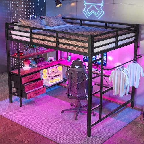 Lit Mezzanine Métal 140x200 Cm Avec Bureau étagères LED USB 3 Tiroirs Rampe Escalier Noir