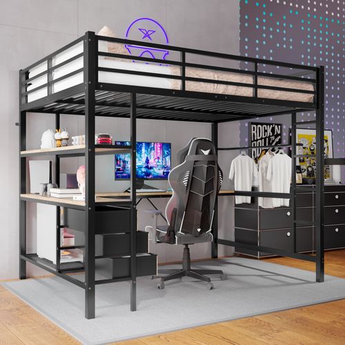 Lit Mezzanine Métal 140x200 Cm Avec Bureau étagères LED USB 3 Tiroirs Rampe Escalier Noir
