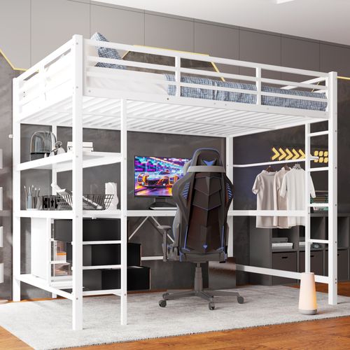 Lit Mezzanine Métal 140x200 Cm Avec Bureau étagères LED USB 3 Tiroirs Rampe Escalier Blanc