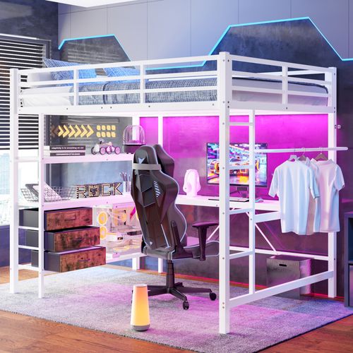 Lit Mezzanine Métal 140x200 Cm Avec Bureau étagères LED USB 3 Tiroirs Rampe Escalier Blanc