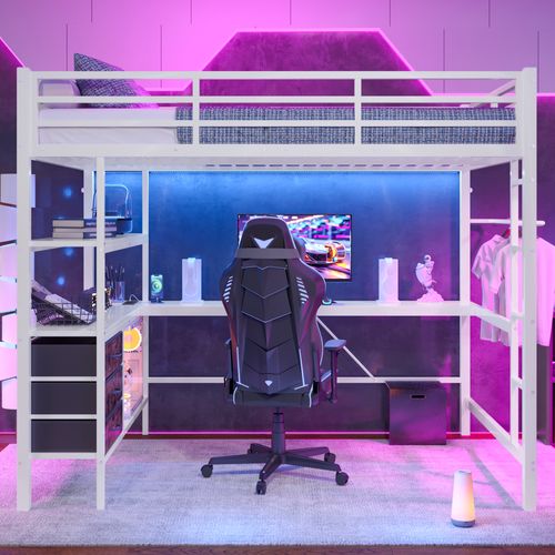 Lit Mezzanine Métal 140x200 Cm Avec Bureau étagères LED USB 3 Tiroirs Rampe Escalier Blanc
