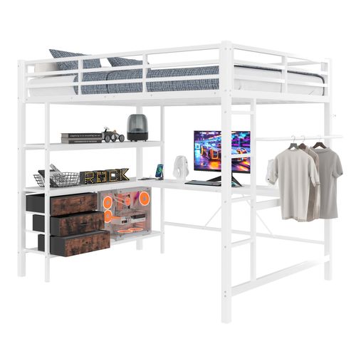 Lit Mezzanine Métal 140x200 Cm Avec Bureau étagères LED USB 3 Tiroirs Rampe Escalier Blanc