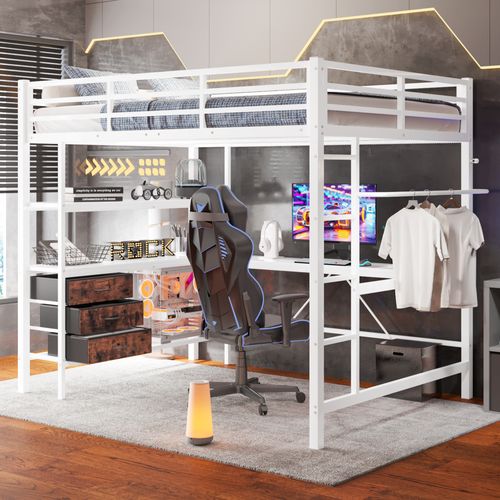 Lit Mezzanine Métal 140x200 Cm Avec Bureau étagères LED USB 3 Tiroirs Rampe Escalier Blanc
