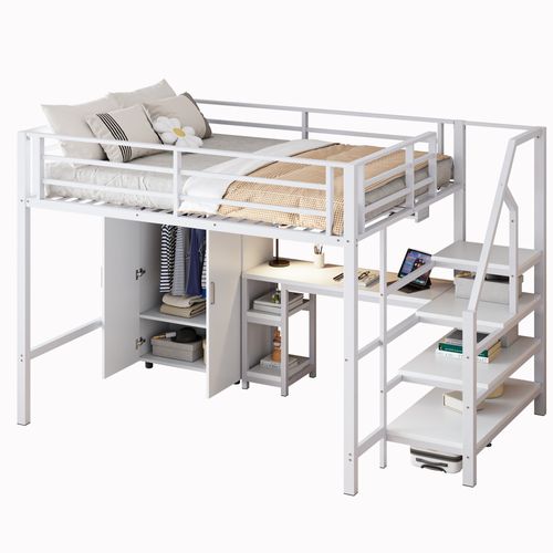 Lit Mezzanine Bois 140x200 Cm Avec Bureau Armoire étagères échelle étagère Blanc
