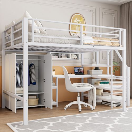 Lit Mezzanine Bois 140x200 Cm Avec Bureau Armoire étagères échelle étagère Blanc