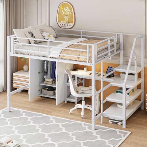 Lit Mezzanine Bois 140x200 Cm Avec Bureau Armoire étagères échelle étagère Blanc