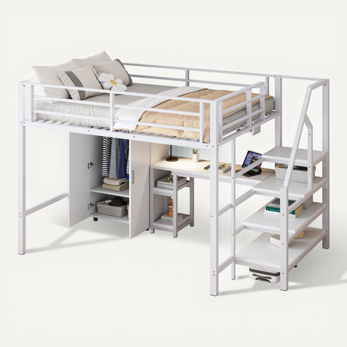 Lit Mezzanine Bois 140x200 Cm Avec Bureau Armoire étagères échelle étagère Blanc