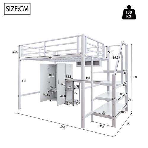 Lit Mezzanine Bois 140x200 Cm Avec Bureau Armoire étagères échelle étagère Blanc