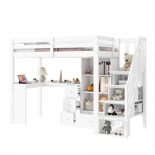 Lit Mezzanine Bois 90x200 Cm Sans Matelas Rampe Bureau Tiroirs Armoire Ouverte Blanc