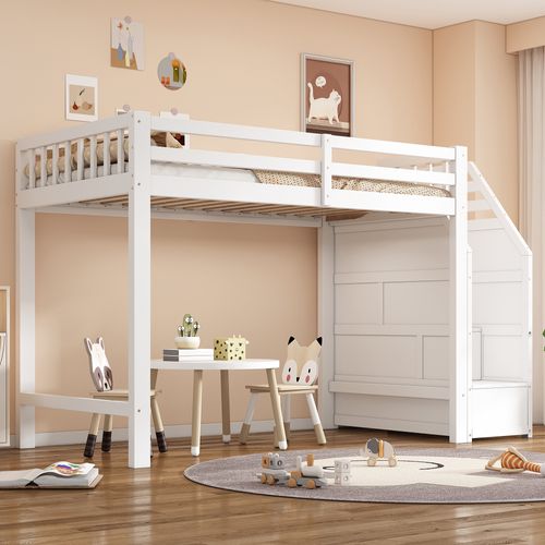 Lit Mezzanine Bois 90x200 Cm Avec Rampe Escalier Escamotable Espace Dressing Blanc