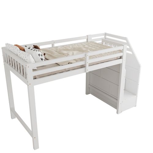 Lit Mezzanine Bois 90x200 Cm Avec Rampe Escalier Escamotable Espace Dressing Blanc