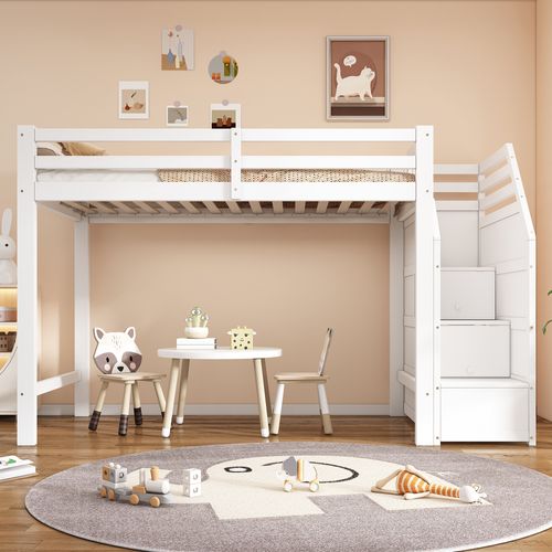 Lit Mezzanine Bois 90x200 Cm Avec Rampe Escalier Escamotable Espace Dressing Blanc