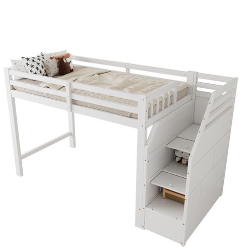 Lit Mezzanine Bois 90x200 Cm Avec Rampe Escalier Escamotable Espace Dressing Blanc