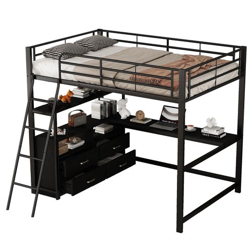 Lit Mezzanine Métal Et Bois 140x200 Cm – Avec Prises, Support TV Et échelle Rangement – Idéal Pour Gagner De L'espace