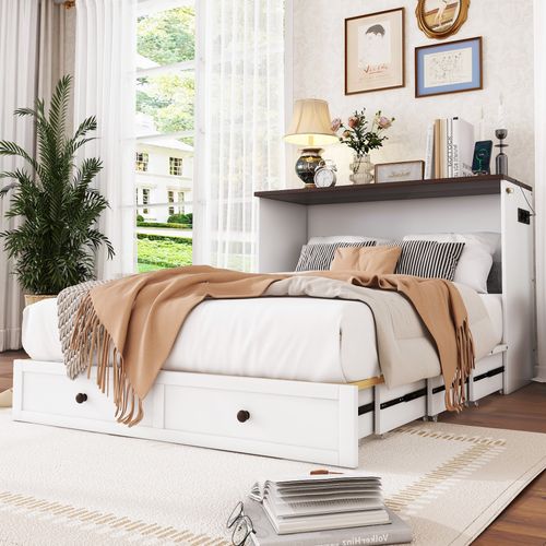 Lit Escamotable 140 X 200, Bois, Avec Tiroirs Et étagère, USB Et Prise, Blanc