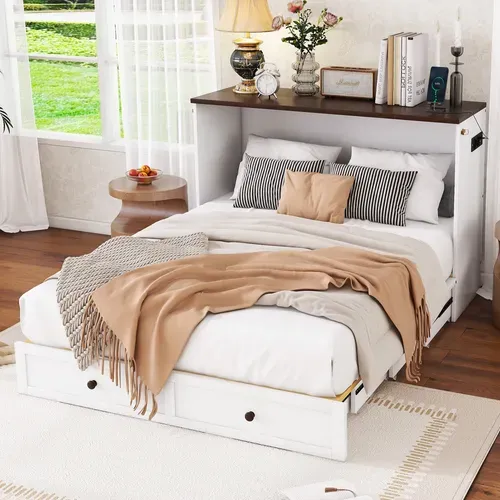 Lit Escamotable 140 X 200, Bois, Avec Tiroirs Et étagère, USB Et Prise, Blanc