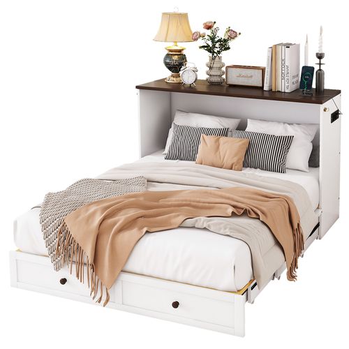 Lit Escamotable 140 X 200, Bois, Avec Tiroirs Et étagère, USB Et Prise, Blanc