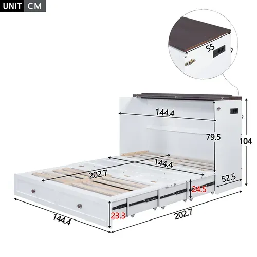 Lit Escamotable 140 X 200, Bois, Avec Tiroirs Et étagère, USB Et Prise, Blanc
