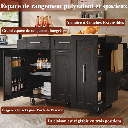 Îlot Cuisine Moderne Mdf Grain Bois Avec étagères Et Tiroirs Extensibles, , Noir