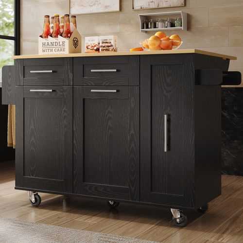 Îlot Cuisine Moderne Mdf Grain Bois Avec étagères Et Tiroirs Extensibles, , Noir