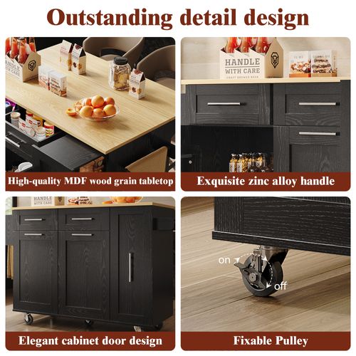 Îlot Cuisine Moderne Mdf Grain Bois Avec étagères Et Tiroirs Extensibles, , Noir