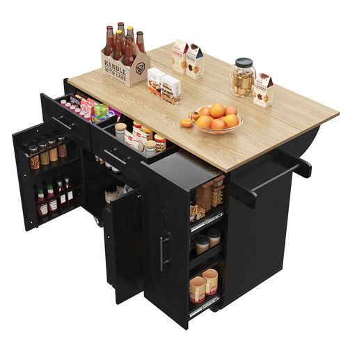 Îlot Cuisine Moderne Mdf Grain Bois Avec étagères Et Tiroirs Extensibles, , Noir
