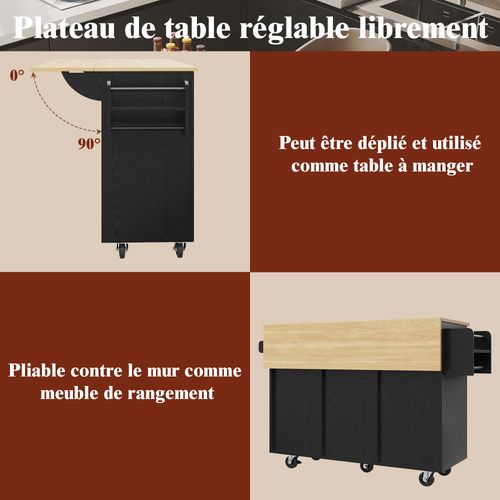 Îlot Cuisine Moderne Mdf Grain Bois Avec étagères Et Tiroirs Extensibles, , Noir
