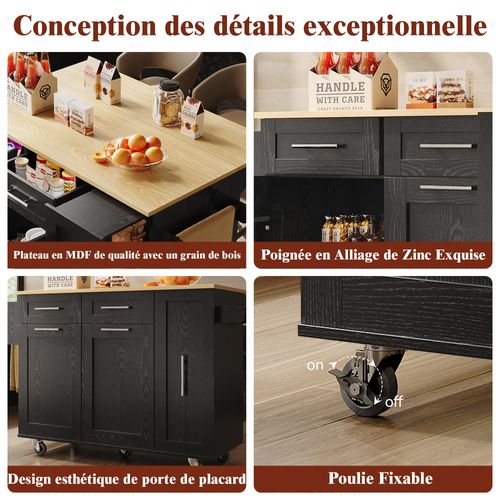 Îlot Cuisine Moderne Mdf Grain Bois Avec étagères Et Tiroirs Extensibles, , Noir