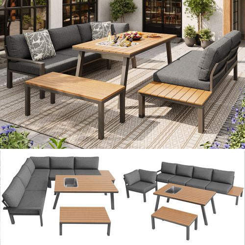 Salon De Jardin Métal 6-7 Personnes Table Avec Seau à Glace, Mobilier Repas