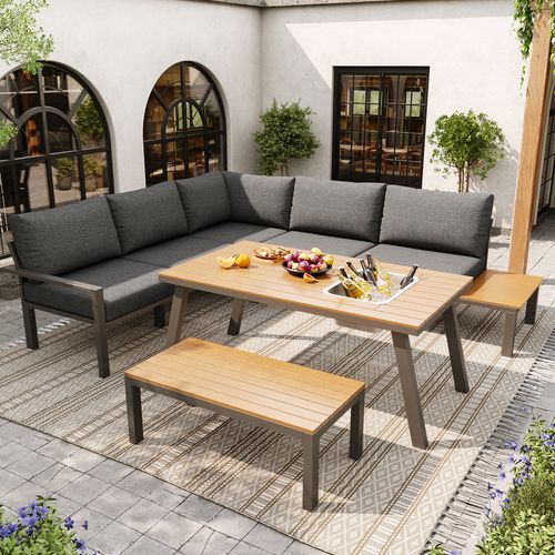 Salon De Jardin Métal 6-7 Personnes Table Avec Seau à Glace, Mobilier Repas