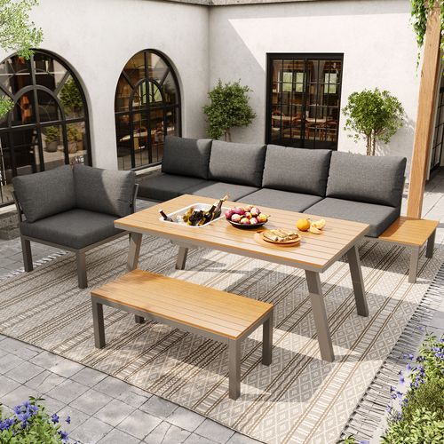 Salon De Jardin Métal 6-7 Personnes Table Avec Seau à Glace, Mobilier Repas