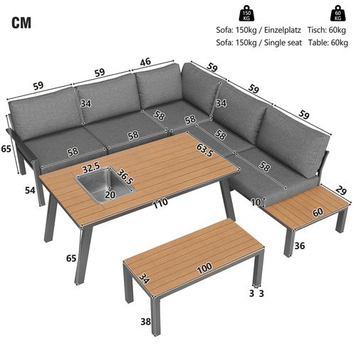 Salon De Jardin Métal 6-7 Personnes Table Avec Seau à Glace, Mobilier Repas