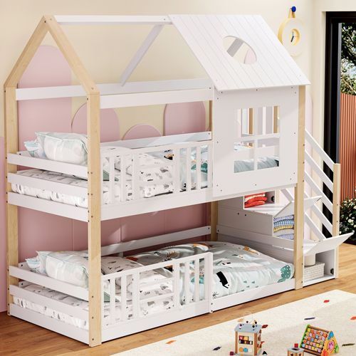 Lit Cabane 90x200 Cm En Bois Mdf Avec Toit, Fenêtres Et Escalier Rangement, Blanc Naturel