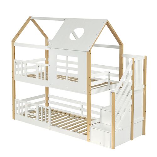 Lit Cabane 90x200 Cm En Bois Mdf Avec Toit, Fenêtres Et Escalier Rangement, Blanc Naturel