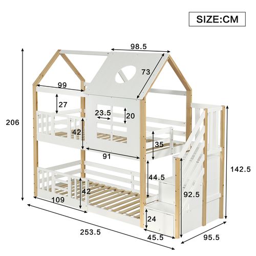 Lit Cabane 90x200 Cm En Bois Mdf Avec Toit, Fenêtres Et Escalier Rangement, Blanc Naturel