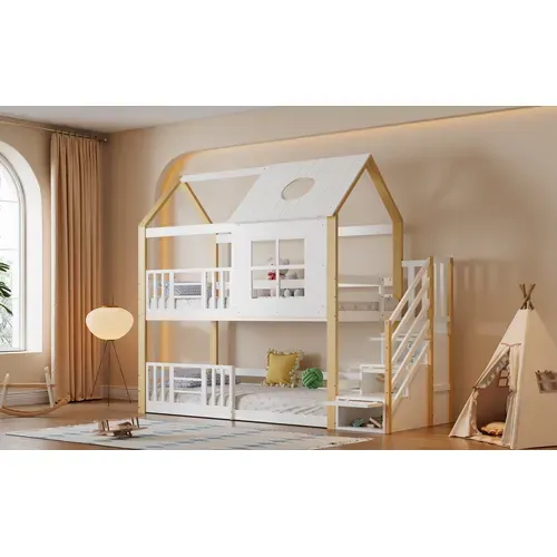 Lit Cabane 90x200 Cm En Bois Mdf Avec Toit, Fenêtres Et Escalier Rangement, Blanc Naturel
