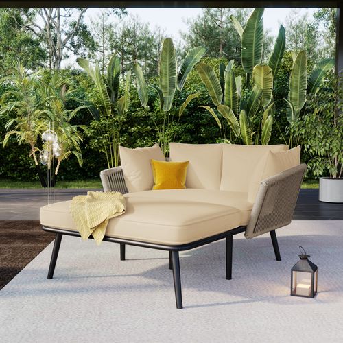 Canapé De Jardin 2 Places En Tissu, Coussins Lavables, Idéal Extérieur Et Balcon, Kaki