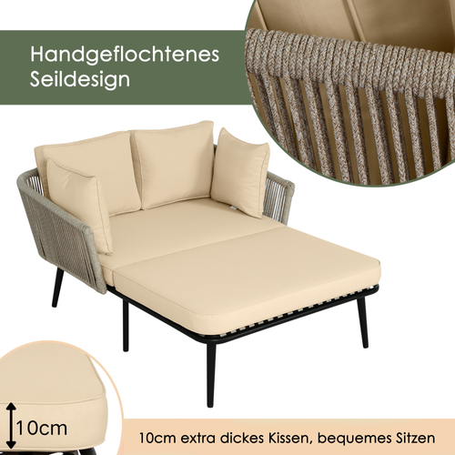 Canapé De Jardin 2 Places En Tissu, Coussins Lavables, Idéal Extérieur Et Balcon, Kaki