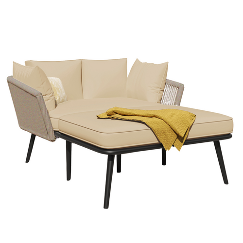 Canapé De Jardin 2 Places En Tissu, Coussins Lavables, Idéal Extérieur Et Balcon, Kaki