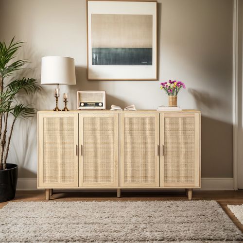 Armoire De Rangement Décorative 4 Portes En Rotin élégante Et Fonctionnelle Pour Chambre,salon