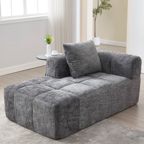 Canapé Chaiselongue Confortable, Tissu Doux, Avec Coussins Et Poches Latérales, Gris