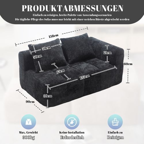 Canapé En Tissu Doux Pour 2 Personnes Avec Coussin, Poches Latérales, Noir