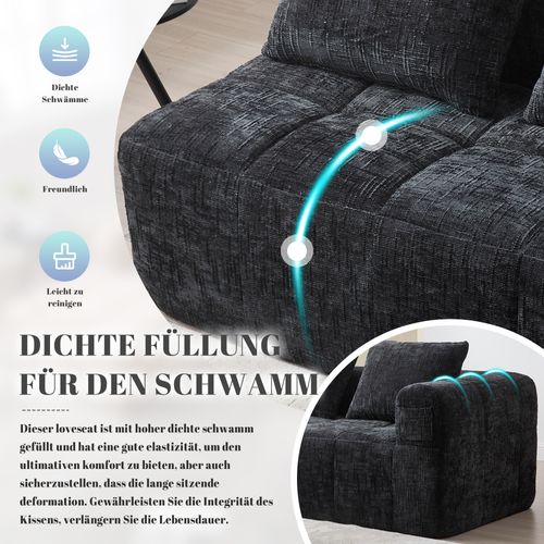 Canapé En Tissu Doux Pour 2 Personnes Avec Coussin, Poches Latérales, Noir