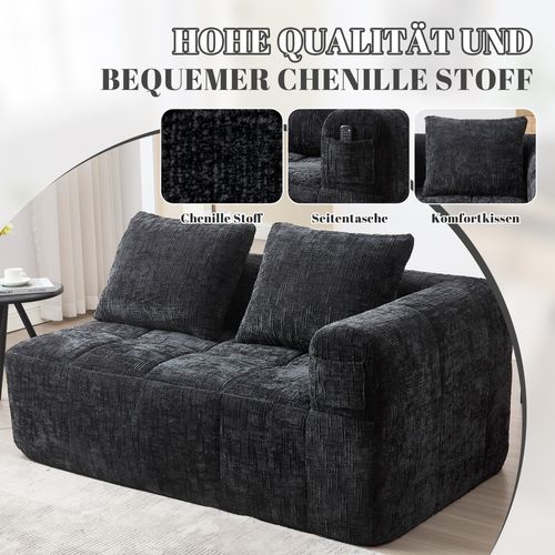 Canapé En Tissu Doux Pour 2 Personnes Avec Coussin, Poches Latérales, Noir