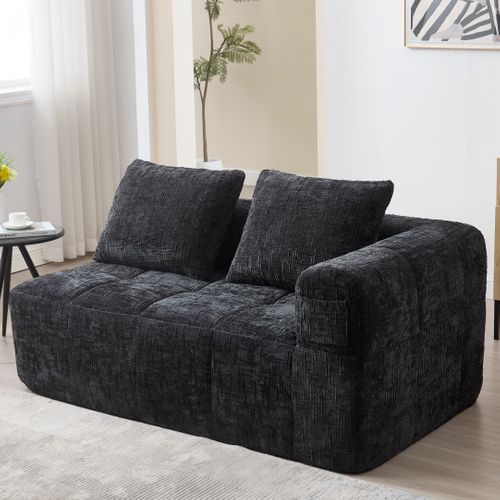 Canapé En Tissu Doux Pour 2 Personnes Avec Coussin, Poches Latérales, Noir