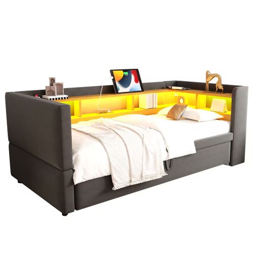 Lit Tapissé Extensible 90/180x190 Cm Avec LED Prises Rangements Lit Multifonction Gris Foncé