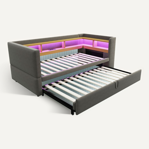 Lit Tapissé Extensible 90/180x190 Cm Avec LED Prises Rangements Lit Multifonction Gris Foncé