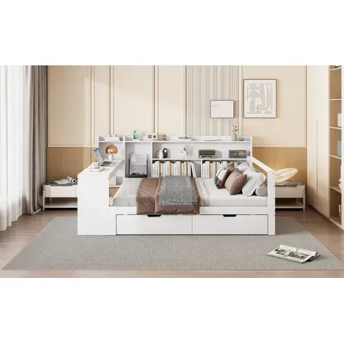 Canapé-lit Bois Massif 140x200 Cm Bureau étagères 2 Grands Rangements Prises Blanc