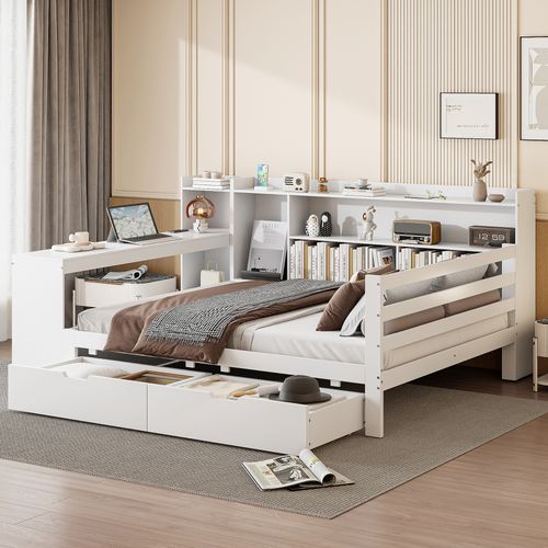 Canapé-lit Bois Massif 140x200 Cm Bureau étagères 2 Grands Rangements Prises Blanc